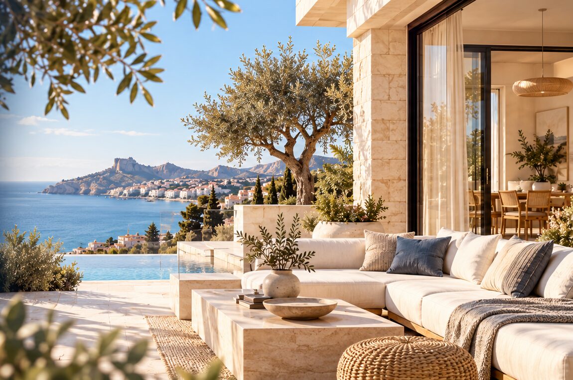 Terrasse d'une villa face à la mer Méditerranée sur la Costa Blanca